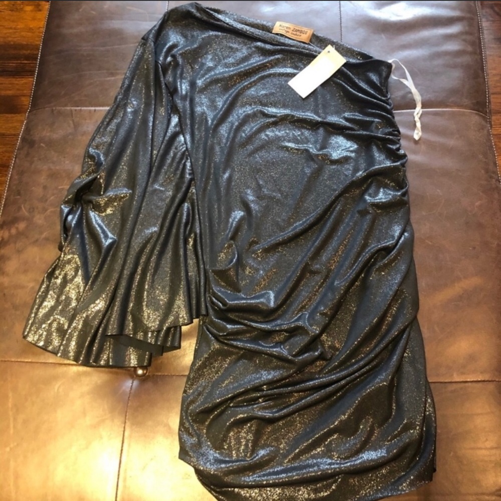 Karen Zambos Metallic One Shoulder Dress P